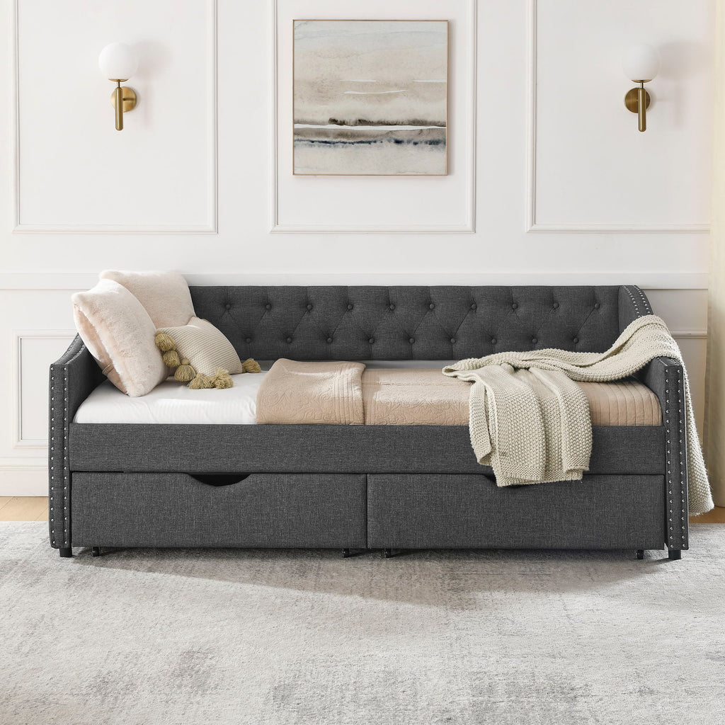Upholstered Tufted Daybed with 2 Drawers and Waved Arms - Multiple Colors