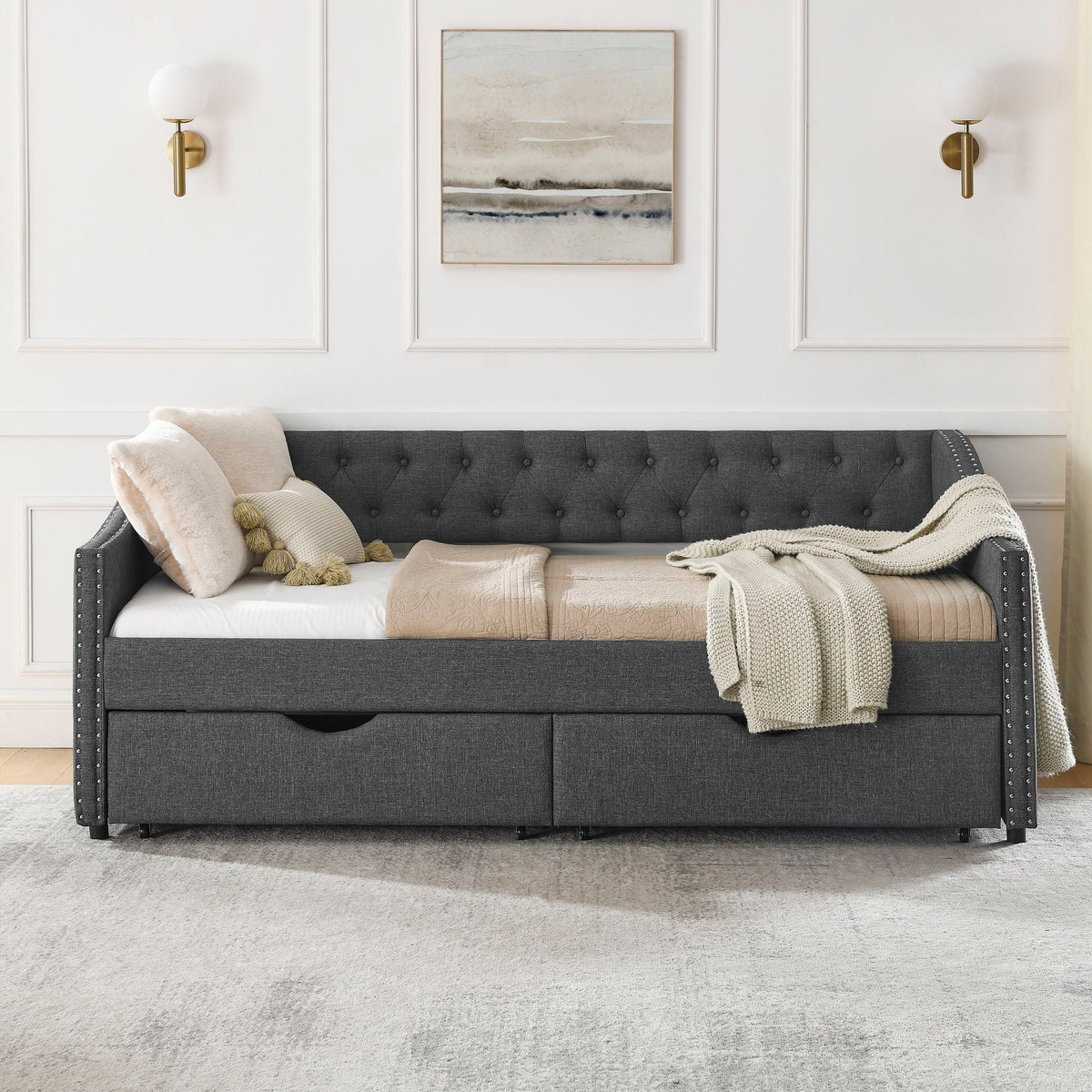 Upholstered Tufted Daybed with 2 Drawers and Waved Arms - Multiple Colors