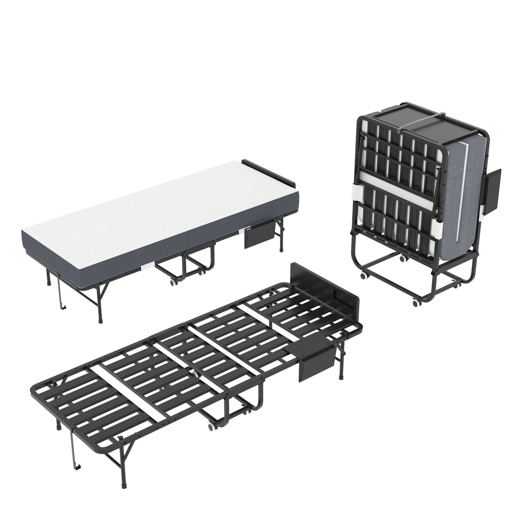 Twin Folding Bed with Adjustable Headboard & Memory Foam Mattress - Black