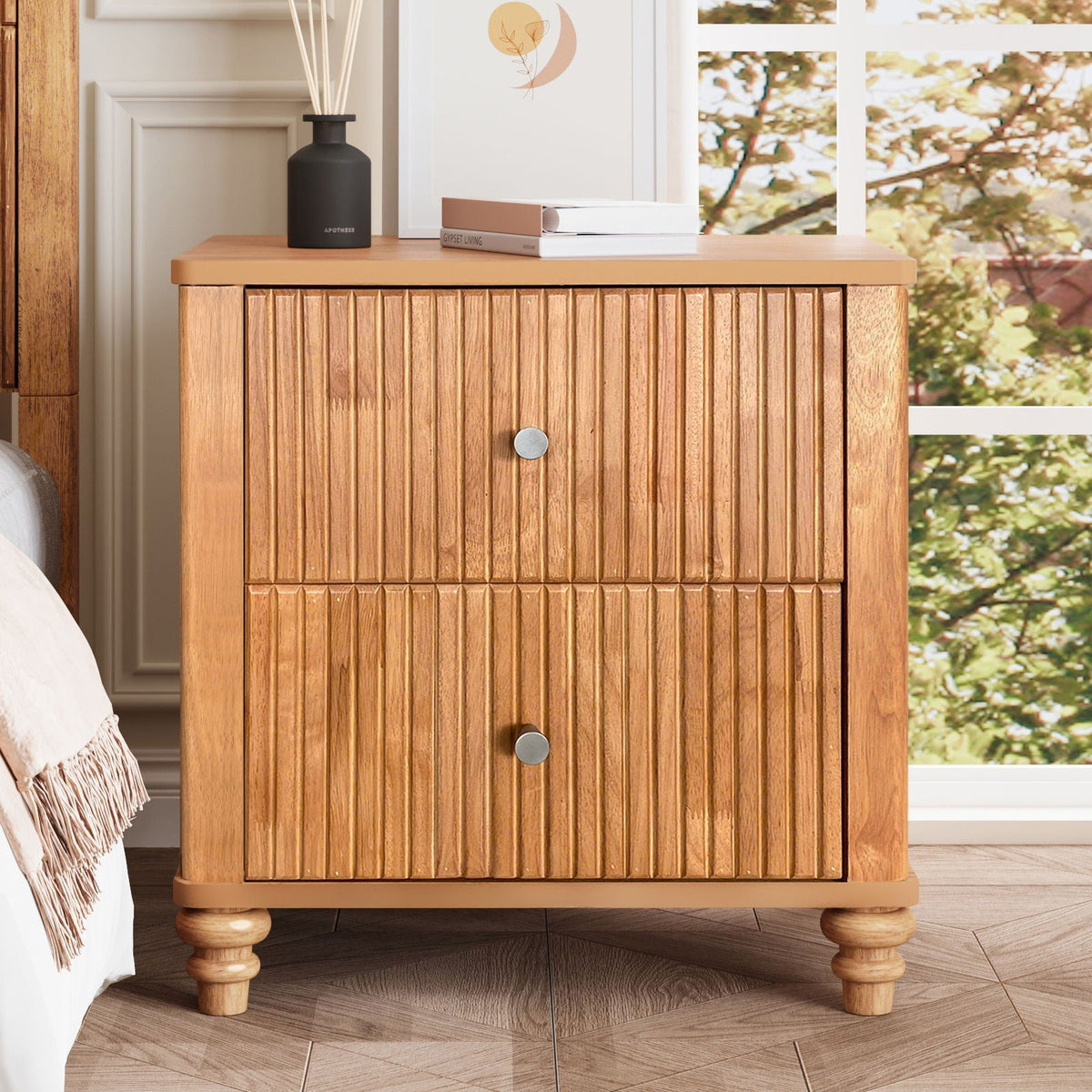 Modern Fluted Nightstand with 3 Drawers - Dark Brown or Light Brown