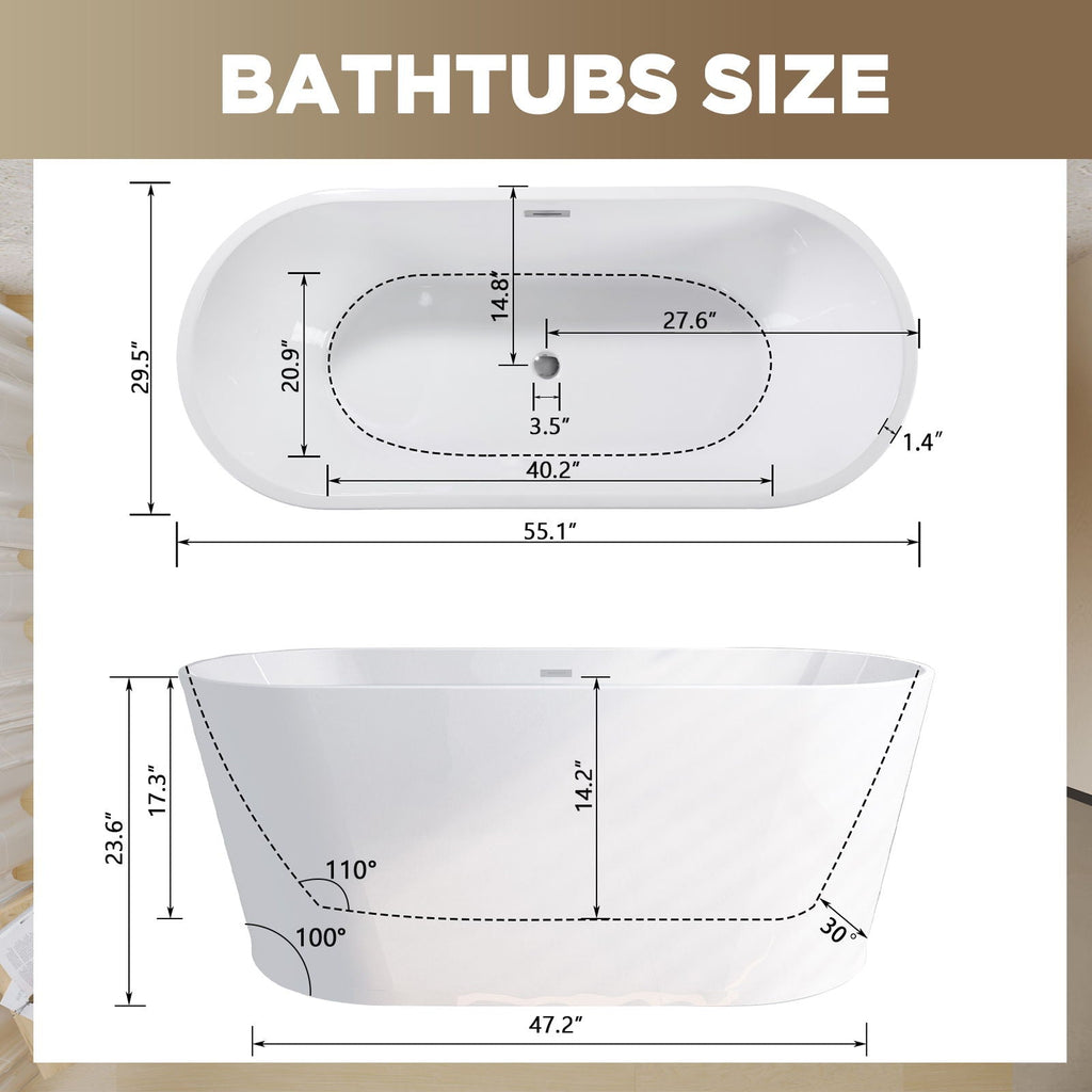 Glossy Freestanding Bathtub with Toe Tap Drain - Multiple Sizes, White or Black