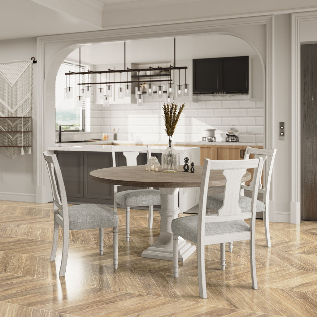 Round 5 Piece Dining Table Set with Pedestal Base - White And Gray