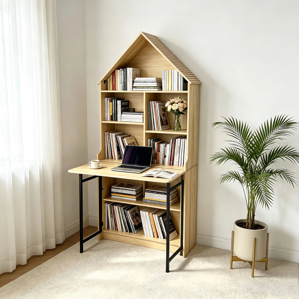 Folding Craft Desk with Storage Shelves - Natural Wood