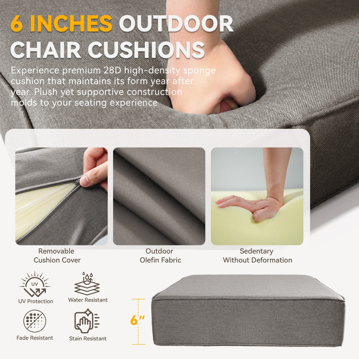 6" Thick Outdoor Chair Cushion Set with Removable Covers - Gray