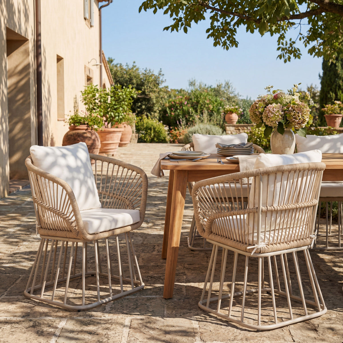 Teak Finish Wicker Outdoor Dining Chair with Steel Frame - Beige