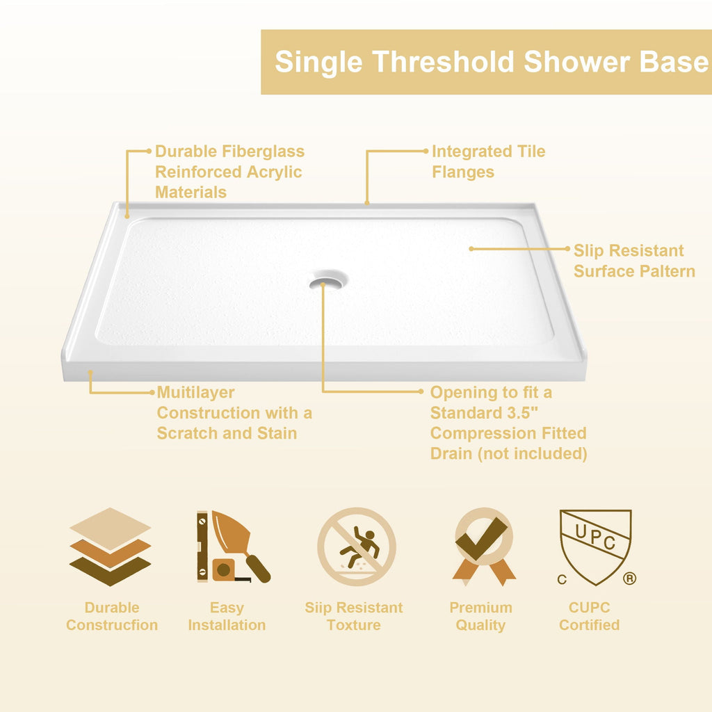Gloss White Shower Base with Center Drain - Durable Acrylic Construction