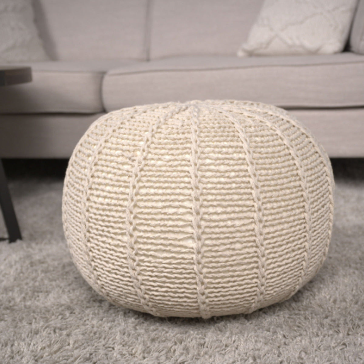 Knitted Round Pouf Ottoman with Polystyrene Fill - Beige or Blue