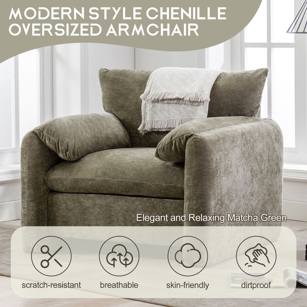 Oversized Accent Single Sofa Lounge Chair with Stain-Resistant Chenille - Matcha Green