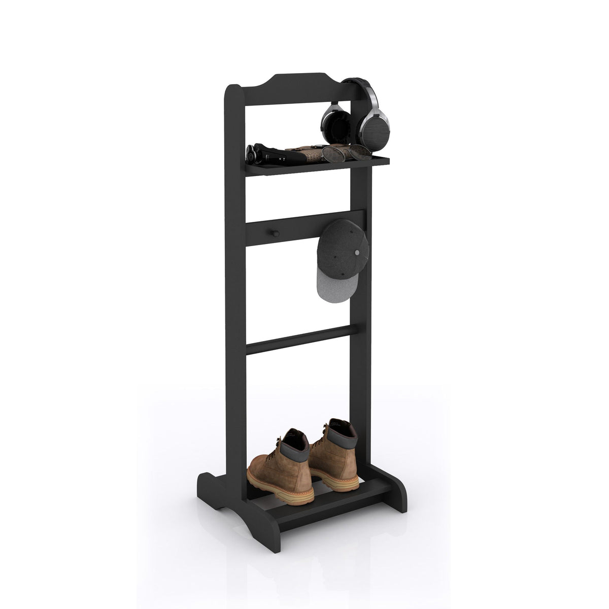 Black Garment Valet Stand with Storage Organizer - Portable Clothes Rack