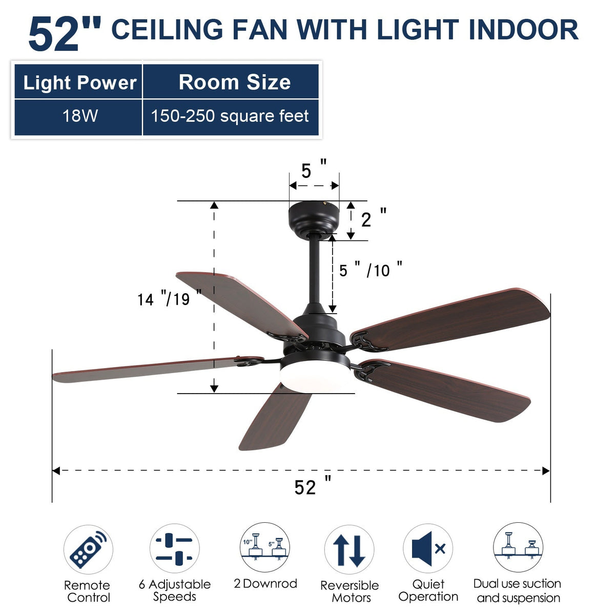 52 Inch Ceiling Fan with LED Light and Remote Control - Black