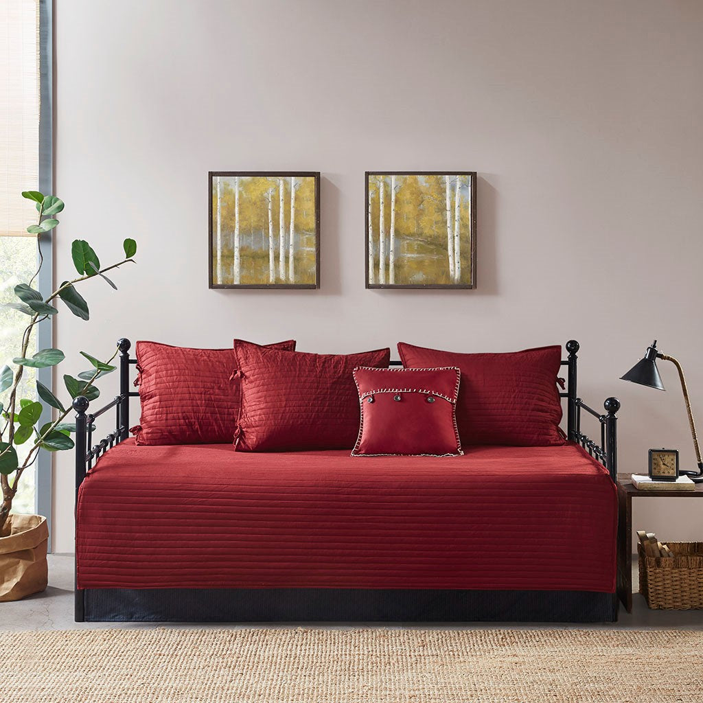 6 Piece Reversible Plaid Daybed Cover Set with Reversible Herringbone Design - Plaid