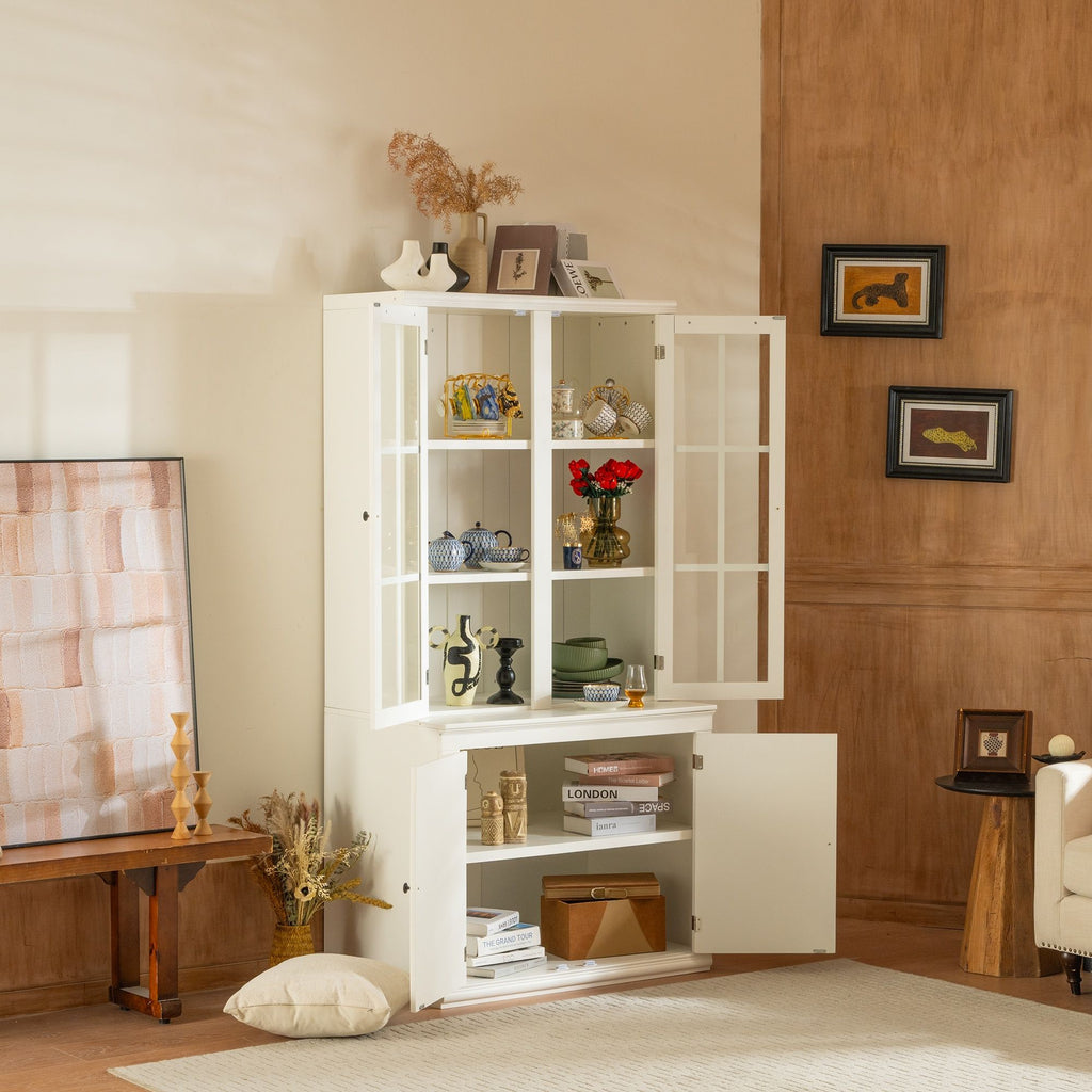 Retro Style Hutch Cabinet with Glass Door - White