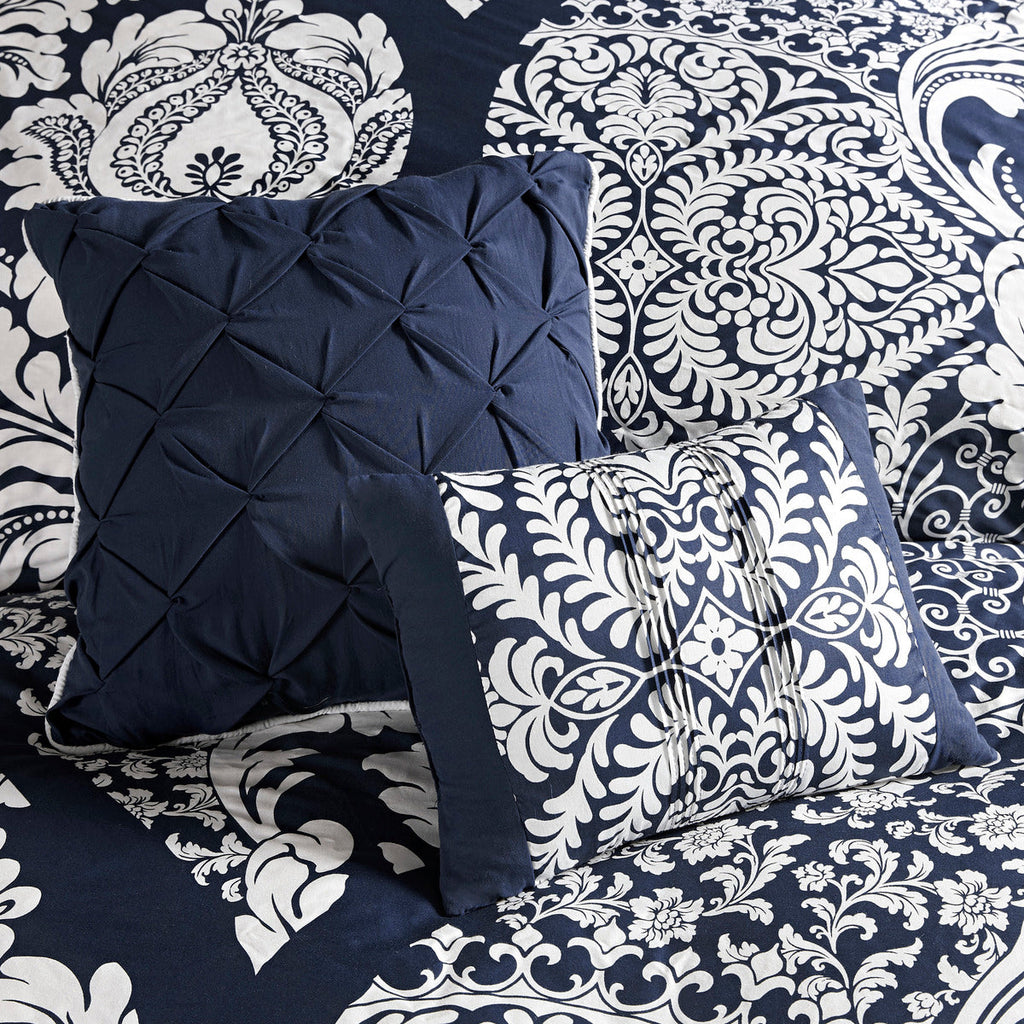Indigo Cotton Comforter Set with Damask Pattern - Cal King, 7 Piece