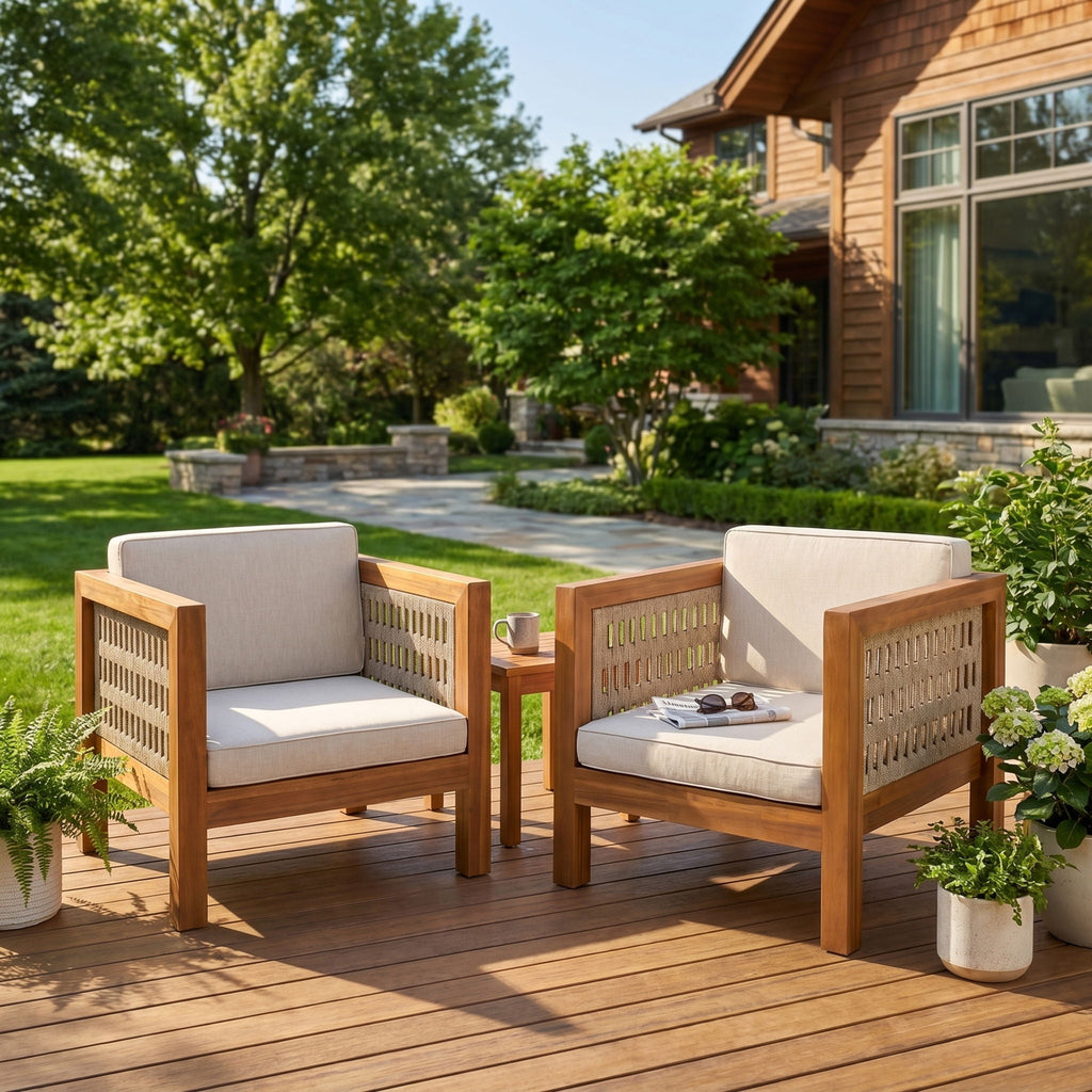 Outdoor Club Chair with Rope Arm and Cushions - Beige
