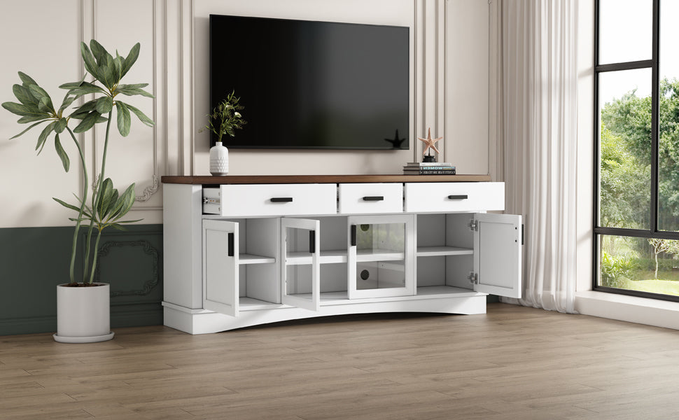 Modern TV Stand with Glass Doors and Adjustable Shelves - White
