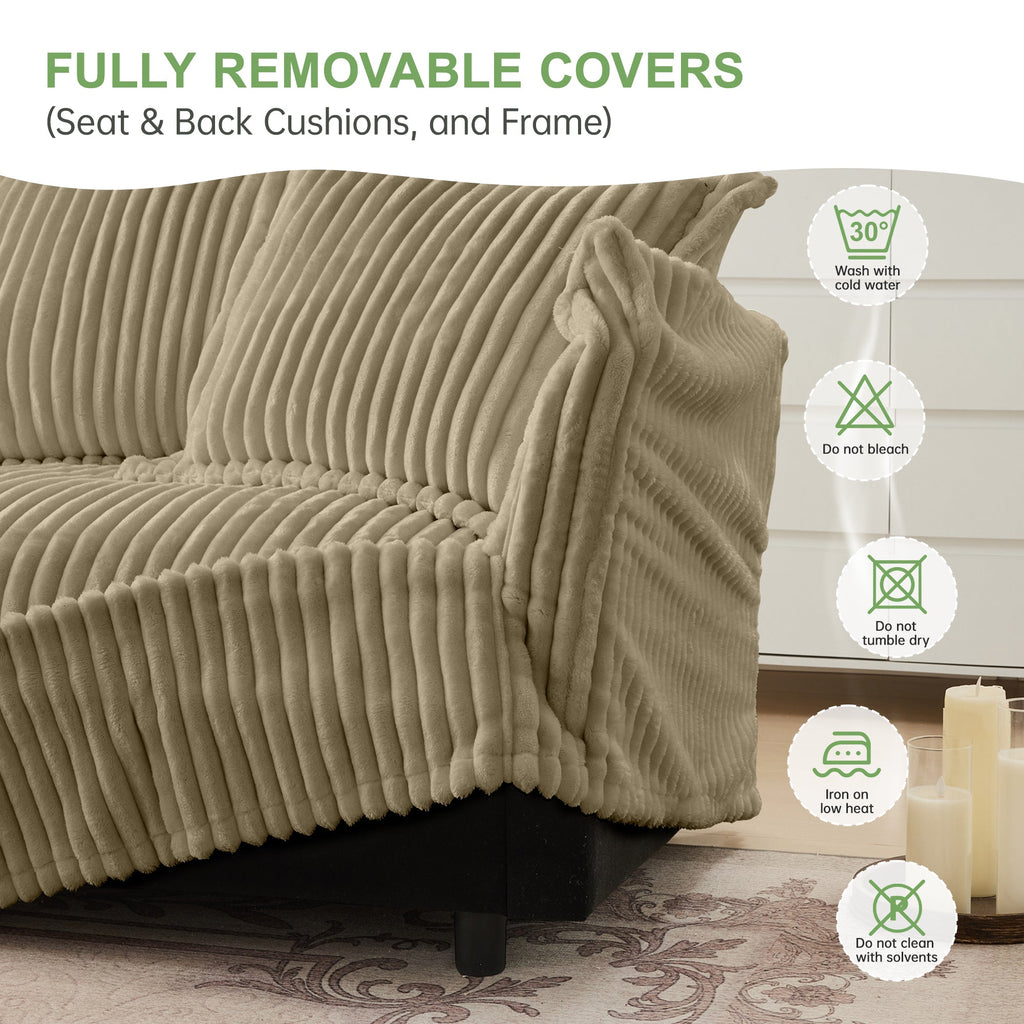 Slipcovered Long Sofa - 4 Seater Couch with Removable Covers - Camel Corduroy