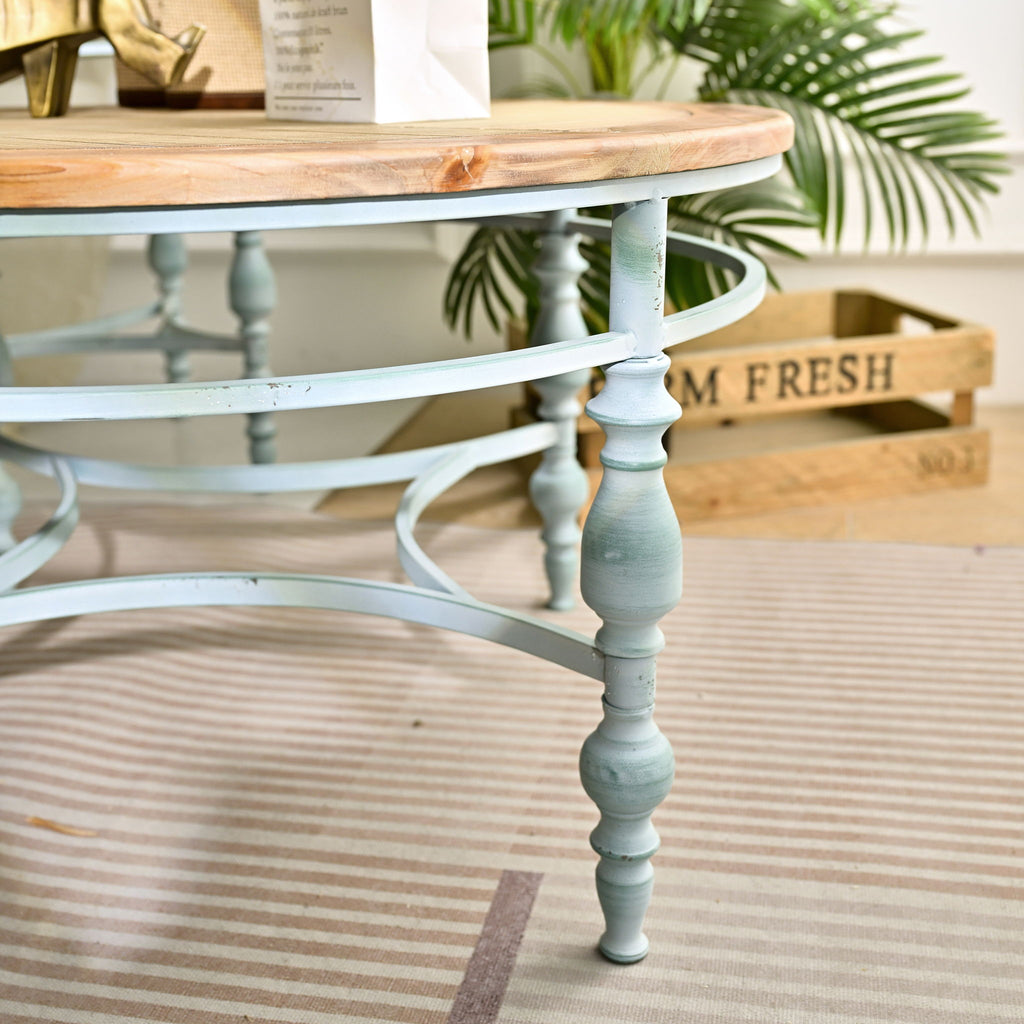 Round Top Carved Coffee Table with Metal Legs - Light Brown