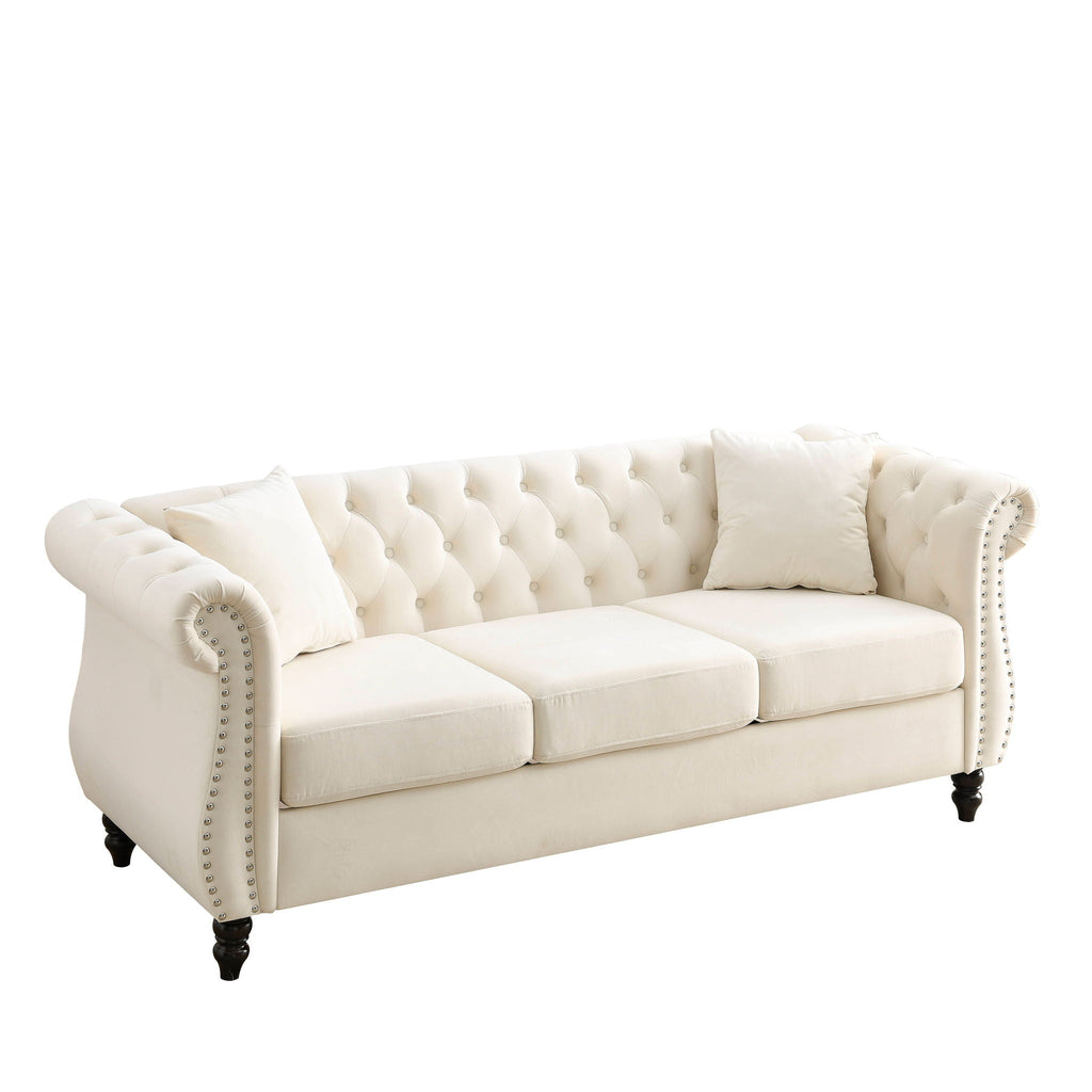 Chesterfield Sofa with Rolled Arms and Nailhead Trim – Solid Wood Frame