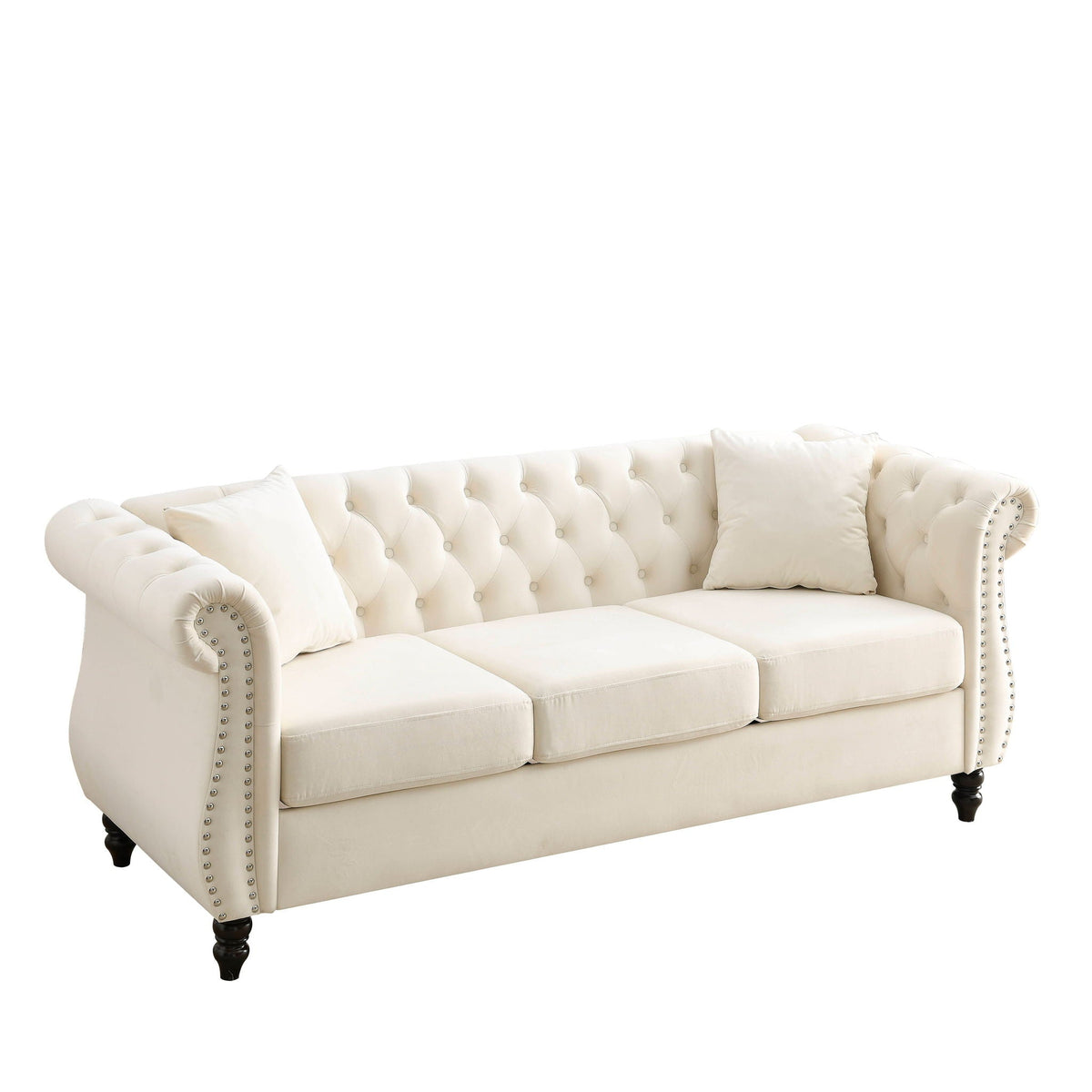 Chesterfield Sofa with Rolled Arms and Nailhead Trim – Solid Wood Frame