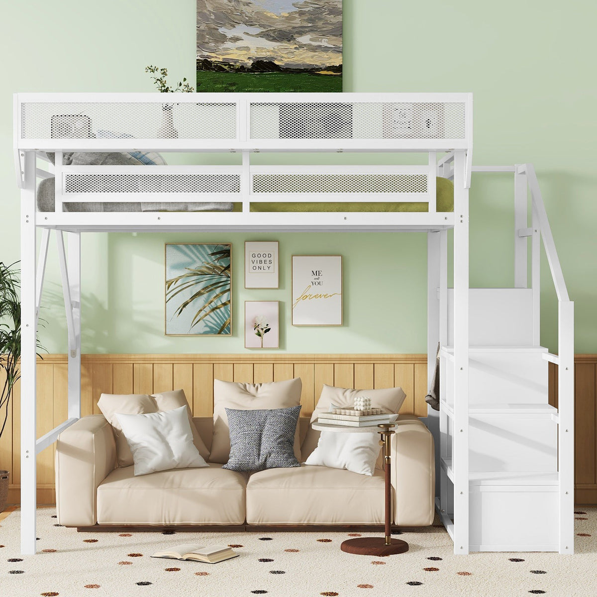 Full Size Loft Bed with Stairs and Storage Shelves - Metal, White