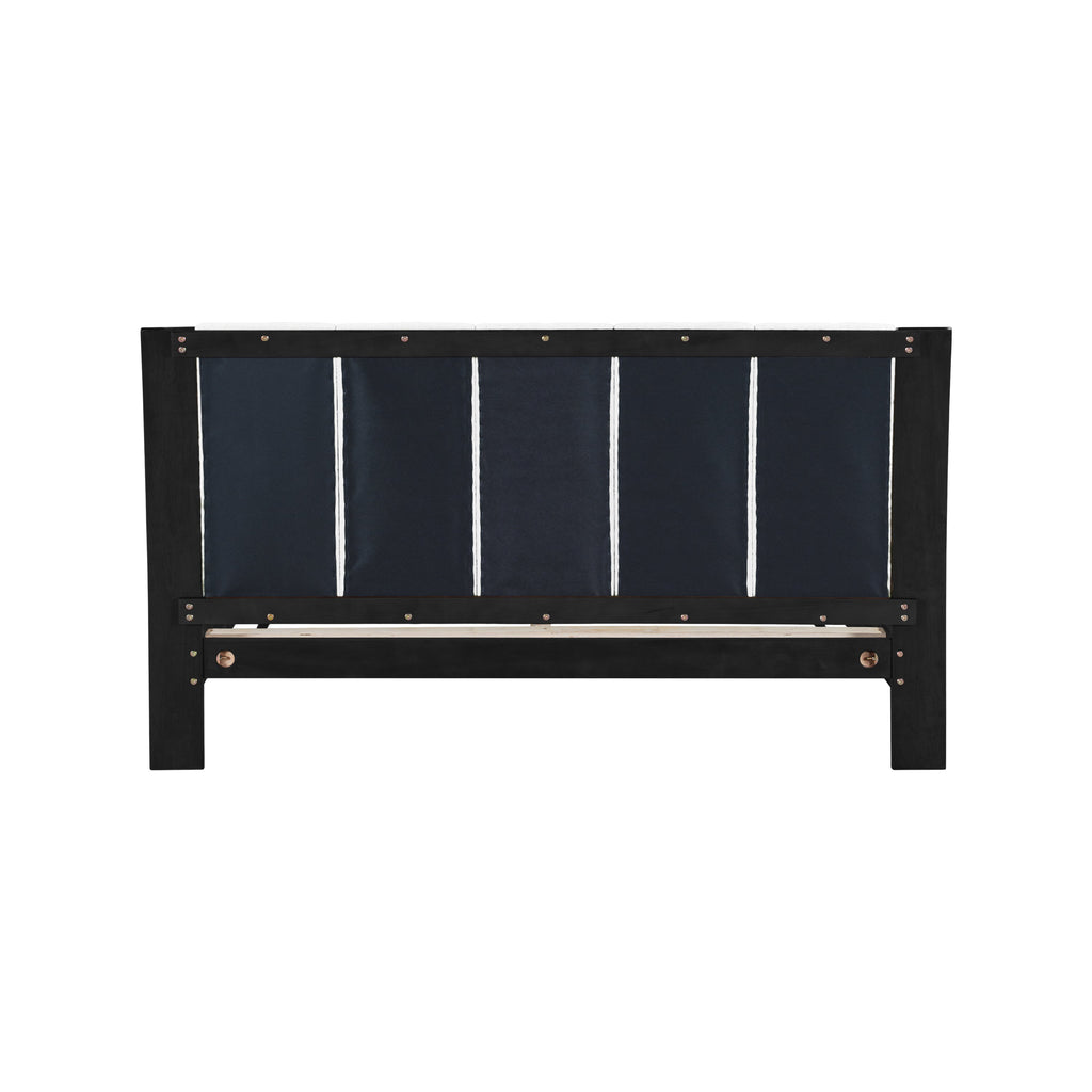 Queen Size Bed Frame with Upholstered Headboard - Black & White Pine