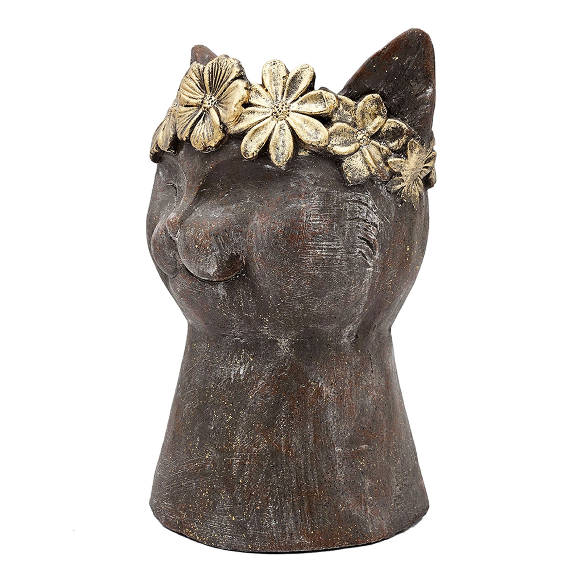 Magnesium Cat Statue Planter with Textured Finish - Brown & Gold