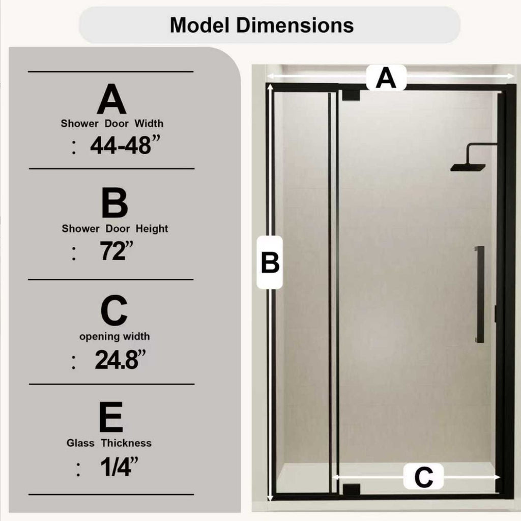 Semi Frameless Pivot Hinged Shower Door with Reversible Design - Black