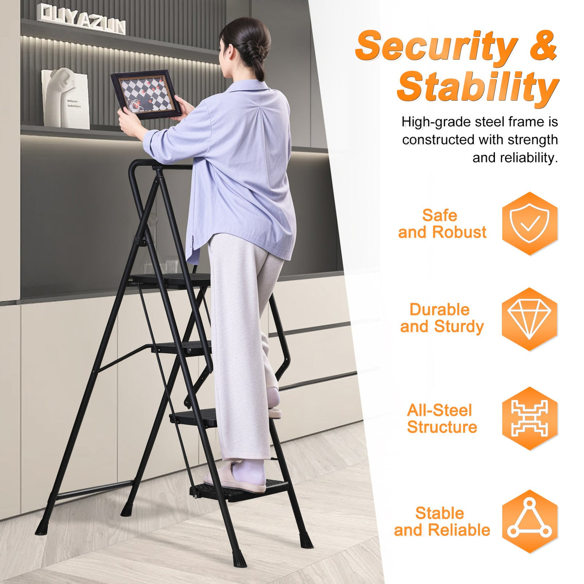 Four Step Ladder with Anti-Slip Pedals - Steel