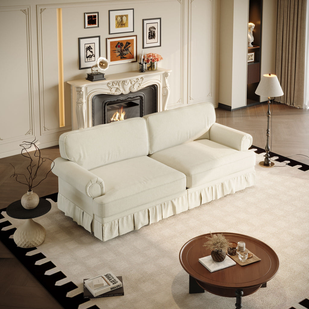 Cloud Couch Sofa with Rolled Arms and Pleated Skirt - Beige, Blue, or Light Brown