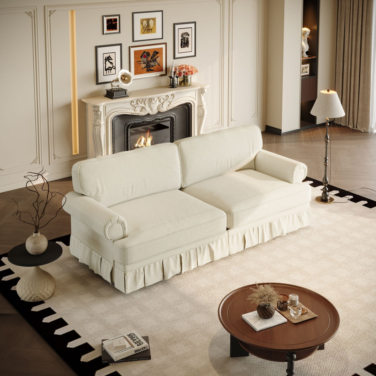 Cloud Couch Sofa with Rolled Arms and Pleated Skirt - Beige, Blue, or Light Brown