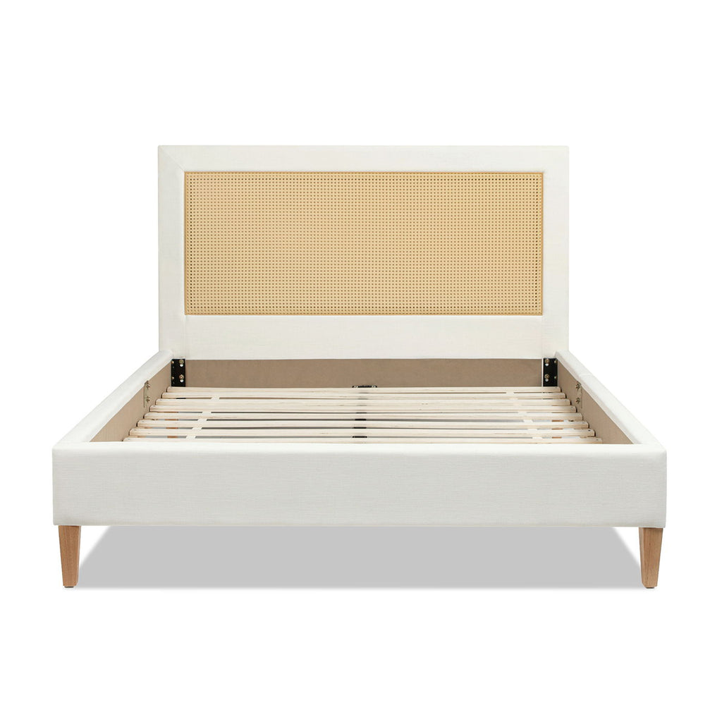 Upholstered Cane Back Platform Bed with Resin Wicker - White