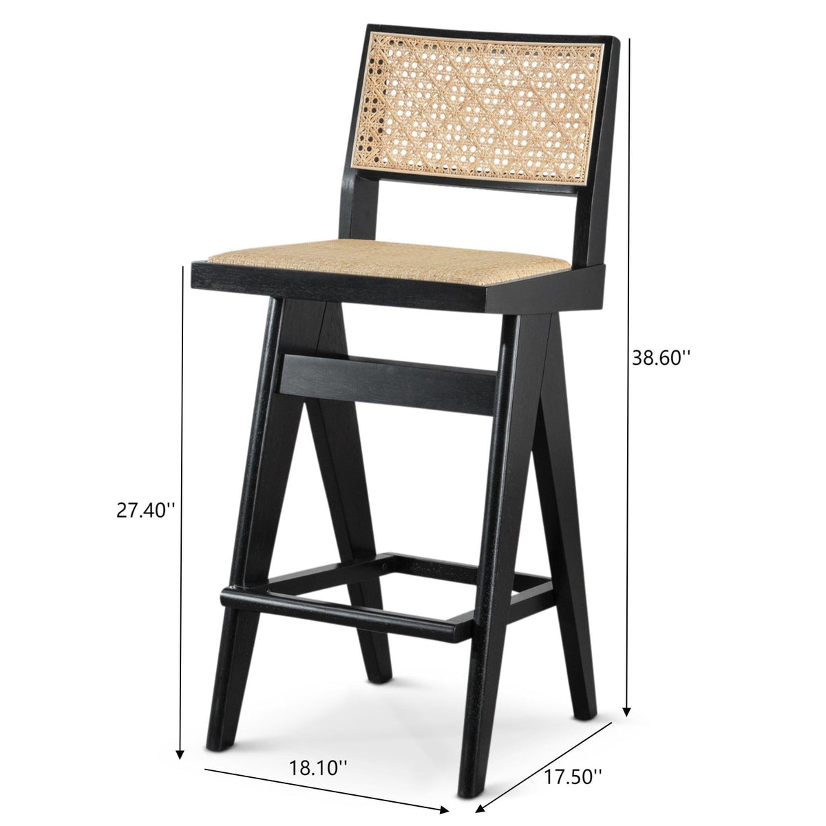 Black & Rattan Bar Stool Set with Full Back Support - Set of 2