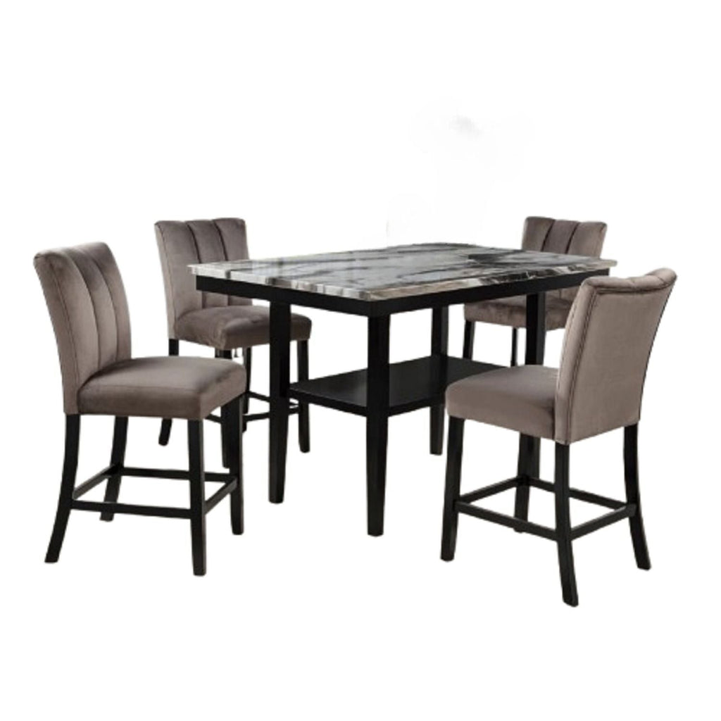 5 Piece Counter Dining Set with Faux Marble Tabletop - Black / Brown
