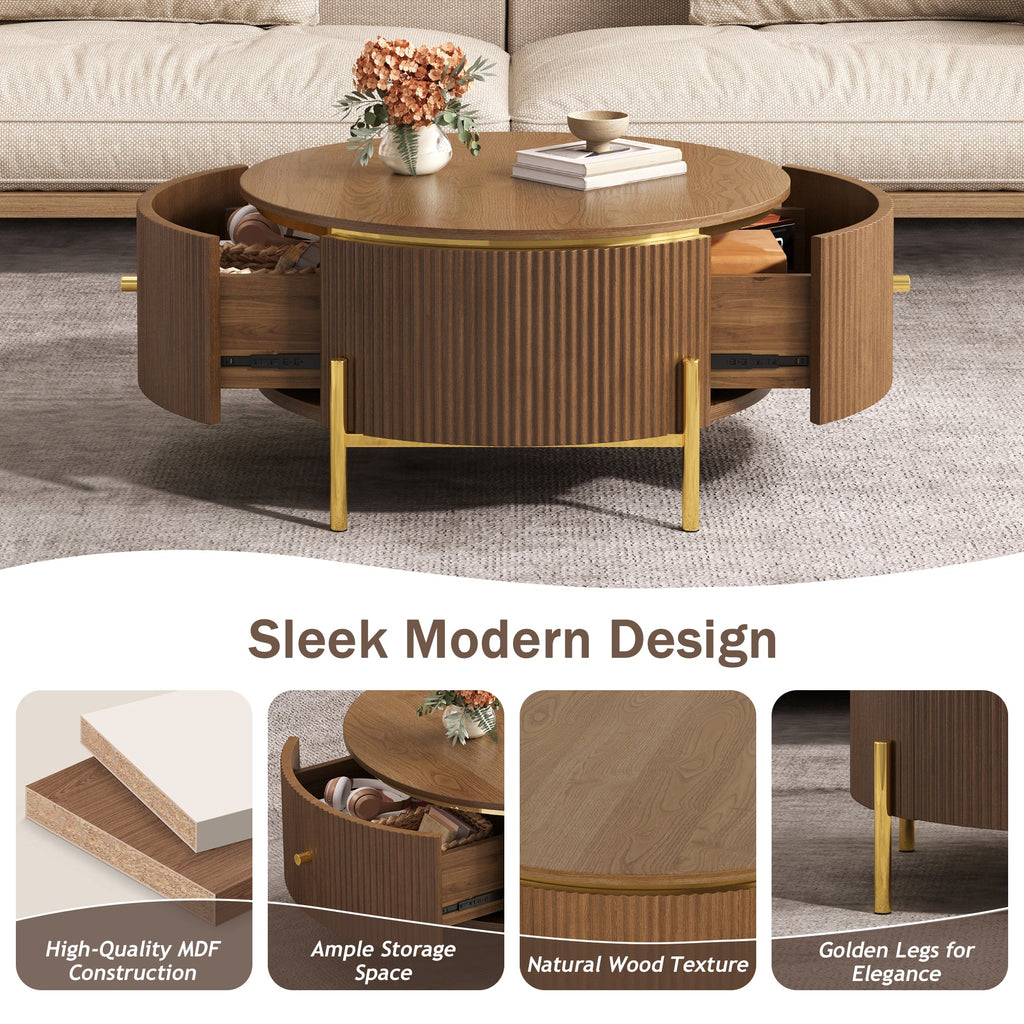 Modern Round Coffee Table with 2 Large Drawers Storage - MDF