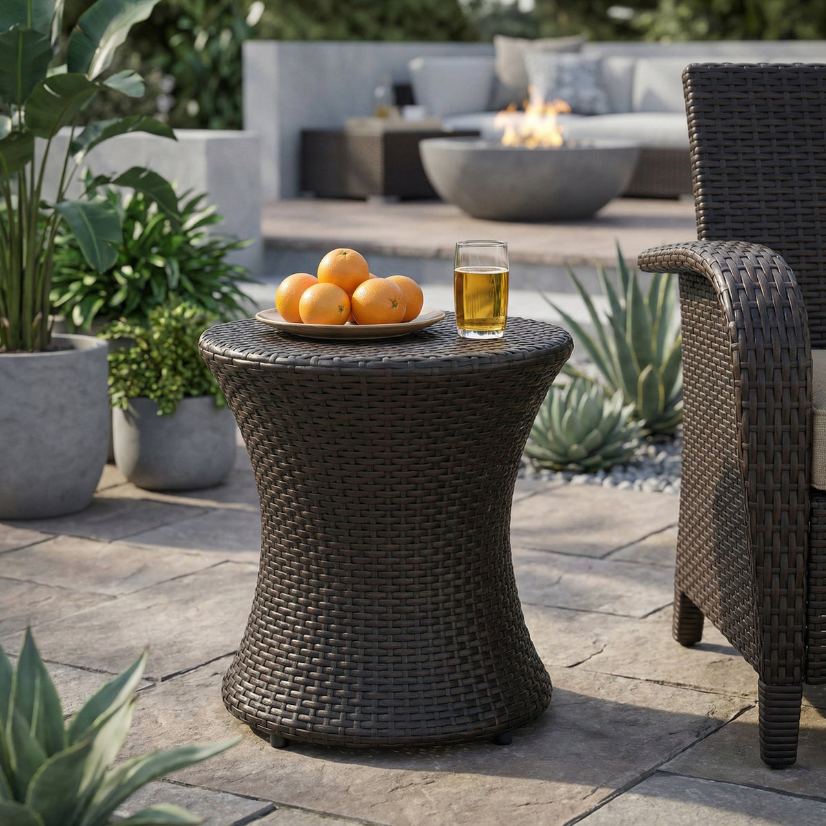 19" Kono Hourglass End Table with Durable PE Rattan - Brown Multi
