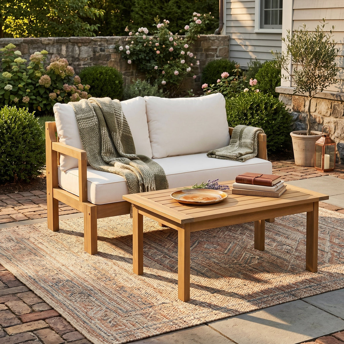 Acacia Wood Patio Chat Set with Water-Repellent Cushions - Natural Finish