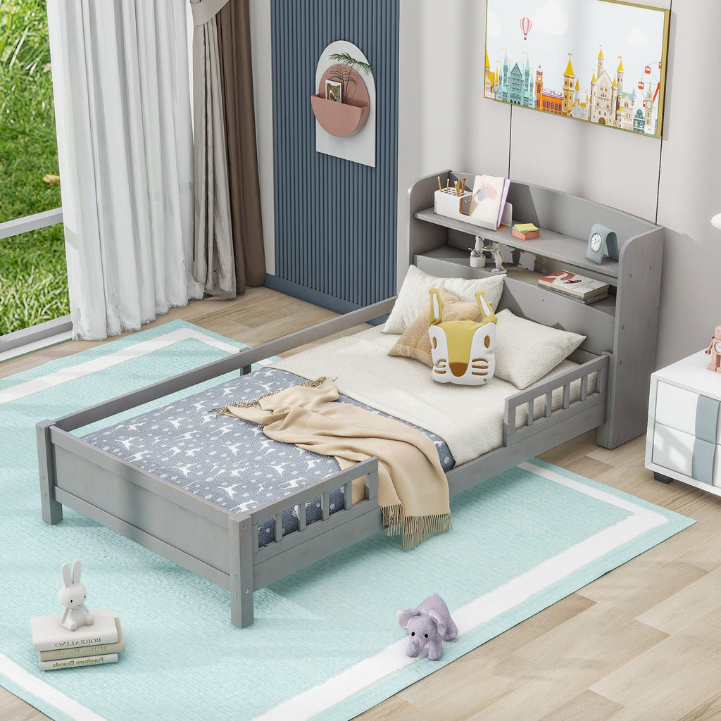 Wood Platform Storage Bed with LED Light & Storage Headboard - White or Dark Gray