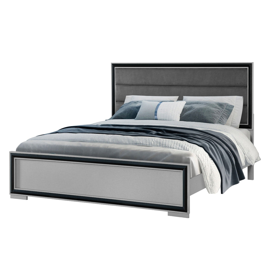 Gray Platform Bed with LED Headboard - Solid Wood