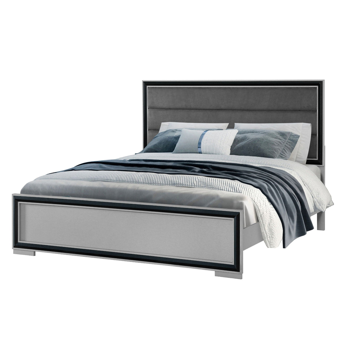 Gray Platform Bed with LED Headboard - Solid Wood