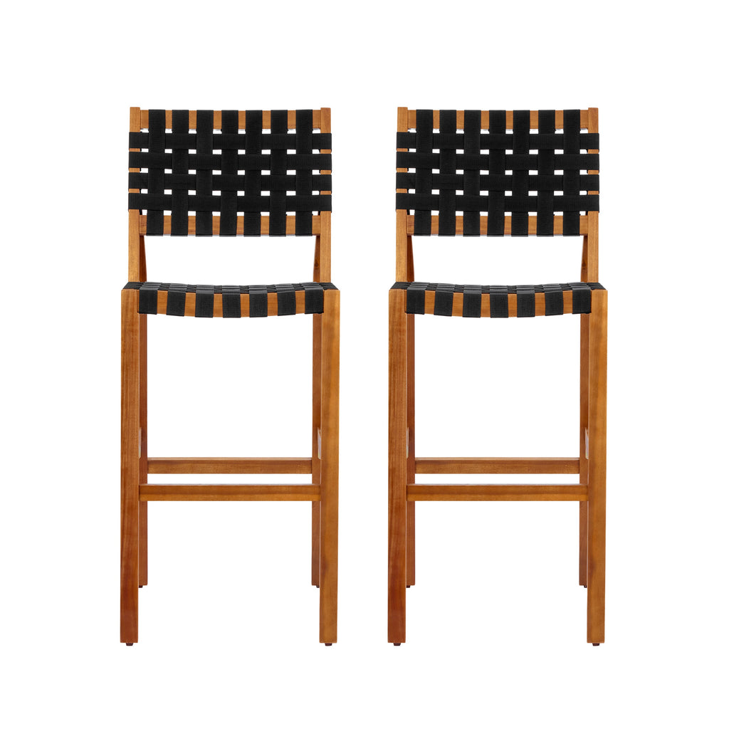 30.5" Seat Height Outdoor Acacia Side Chair with Woven Strap – Teak + Black or Teak + Beige