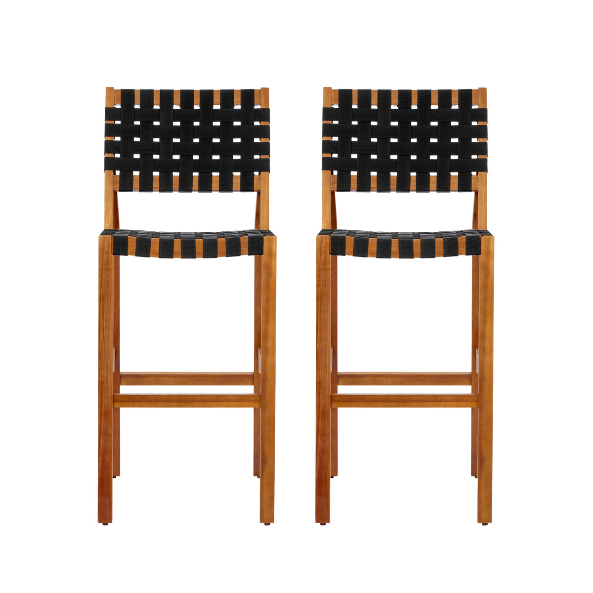 30.5" Seat Height Outdoor Acacia Side Chair with Woven Strap – Teak + Black or Teak + Beige