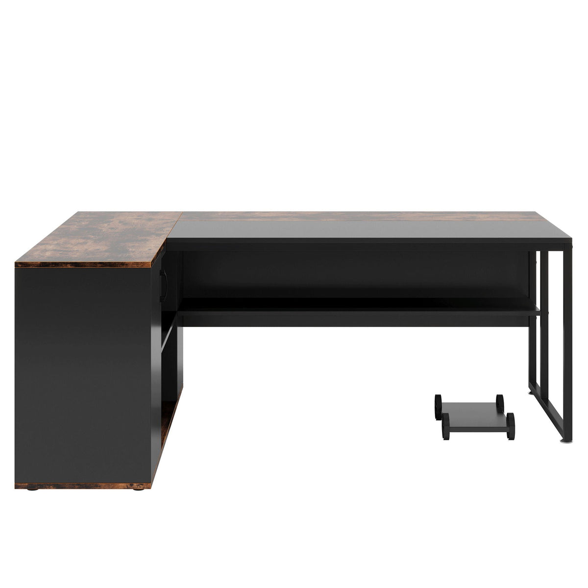 L-Shaped Executive Desk with Storage Cabinet & Shelves - Brown / Black
