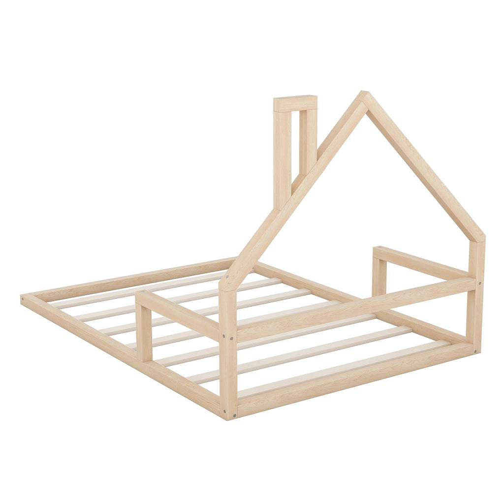 Elegant Floor Bed With House Shaped Headboard - Full Size Solid Wood