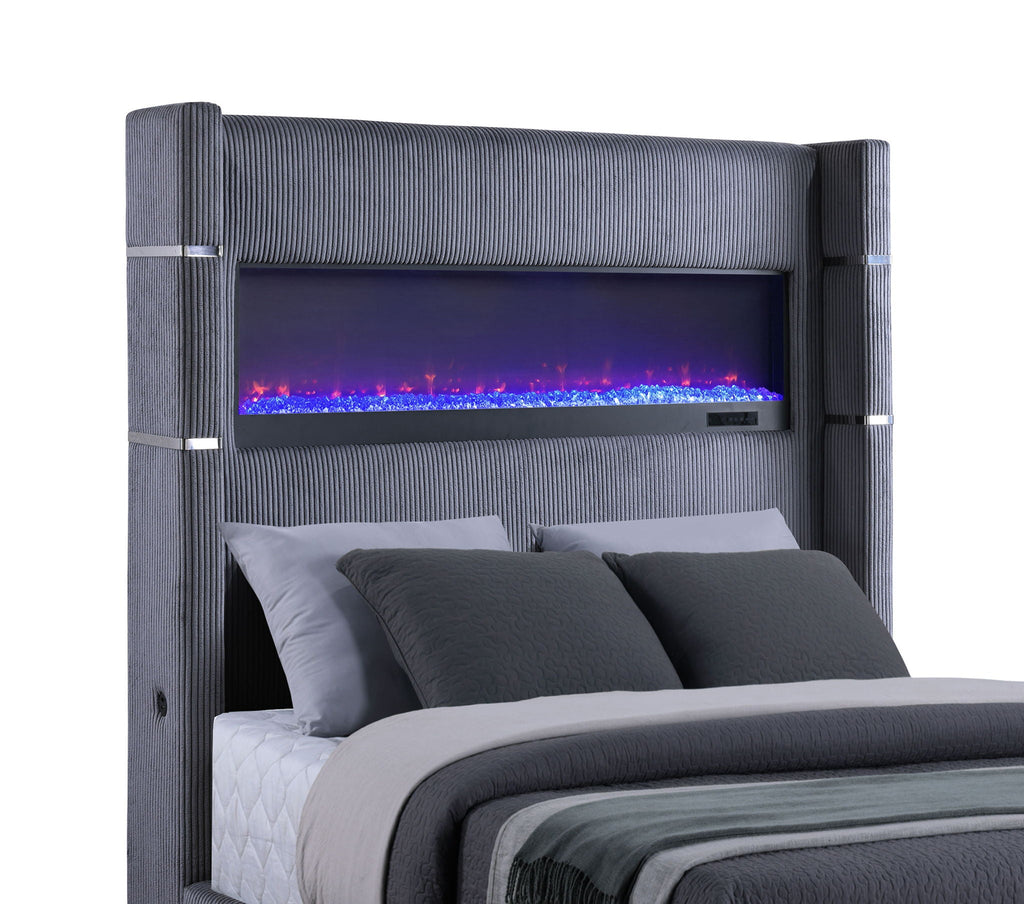 Tisdall Upholstered Queen Flame Visualizer Bed Grey