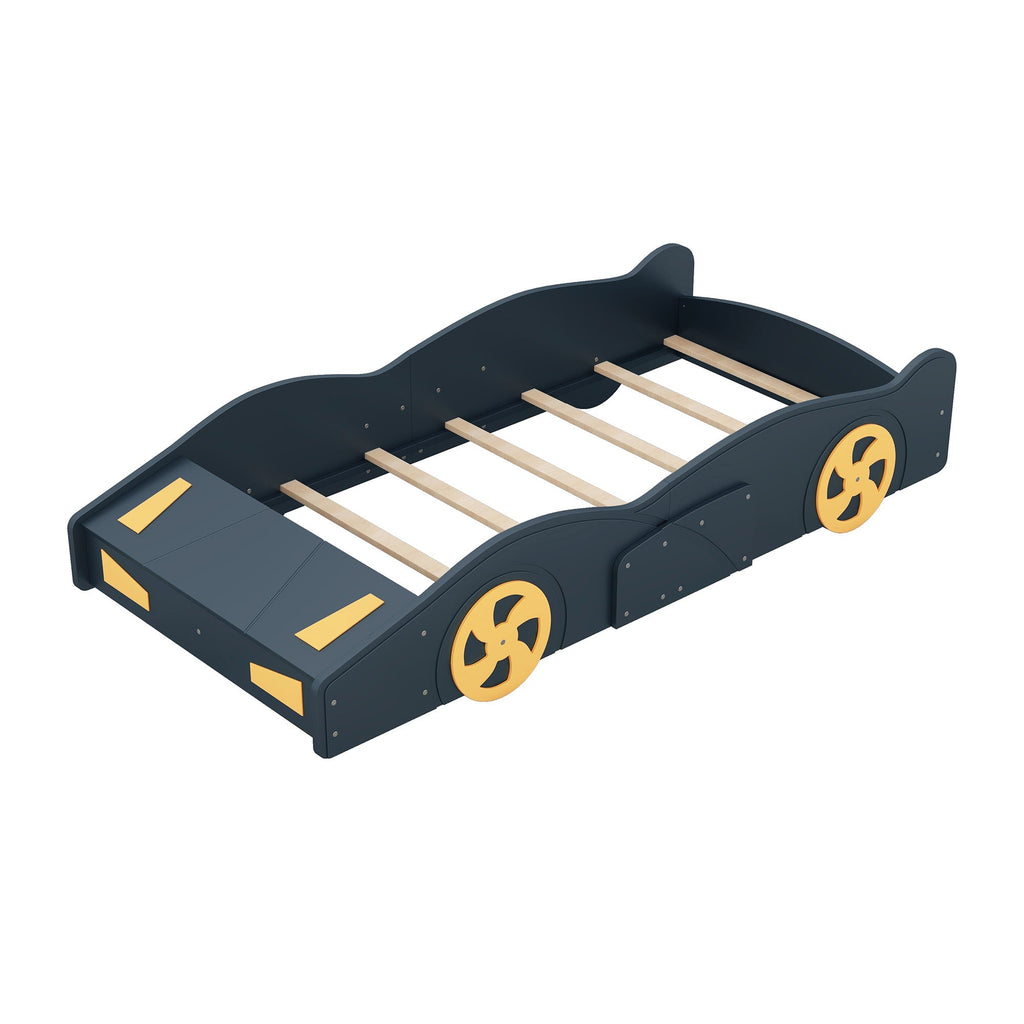 Race Car Platform Bed with Storage and Wheels - Black or Blue