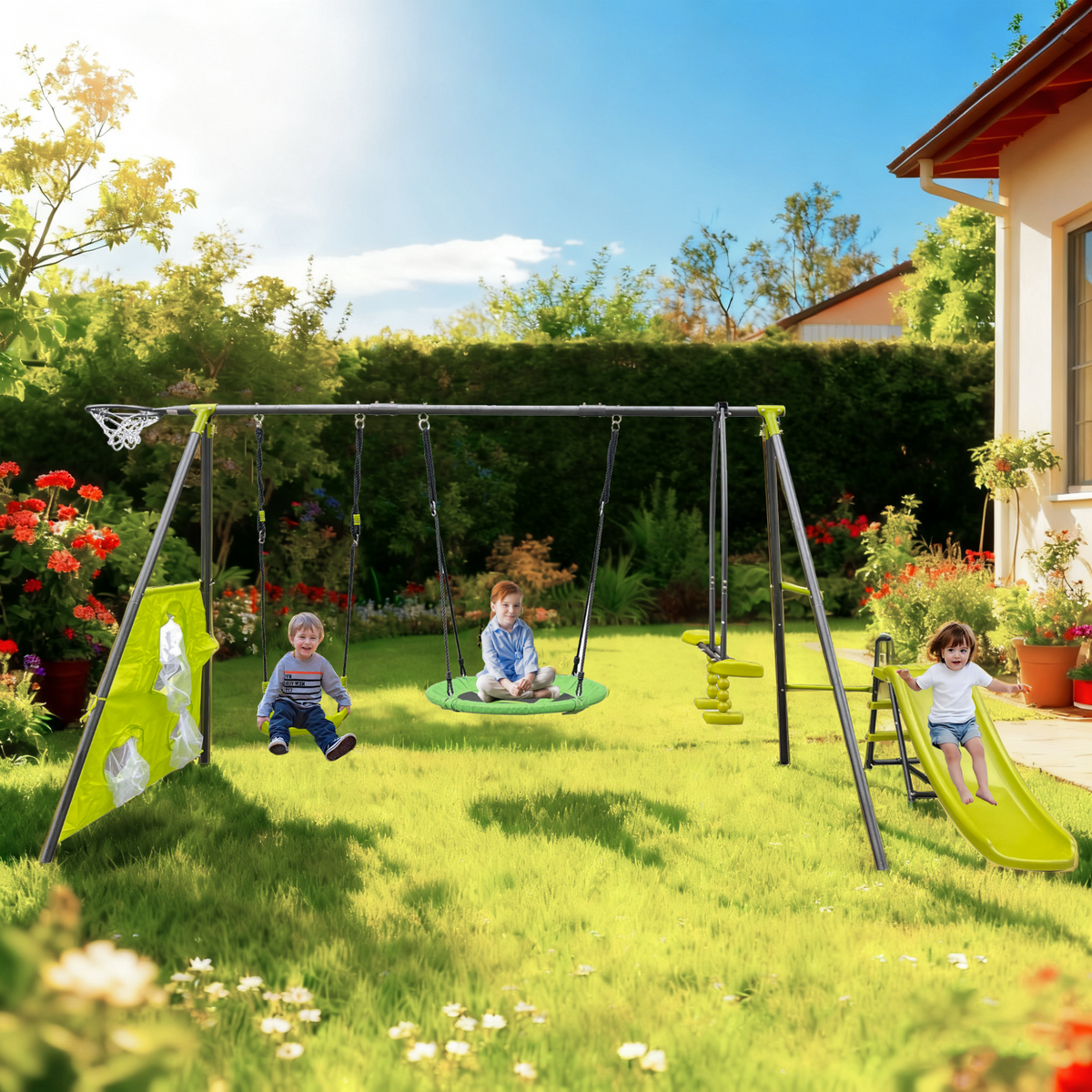 Saucer Swingset with Mini Slide – Steel Outdoor Playset - Green or Grey+Blue