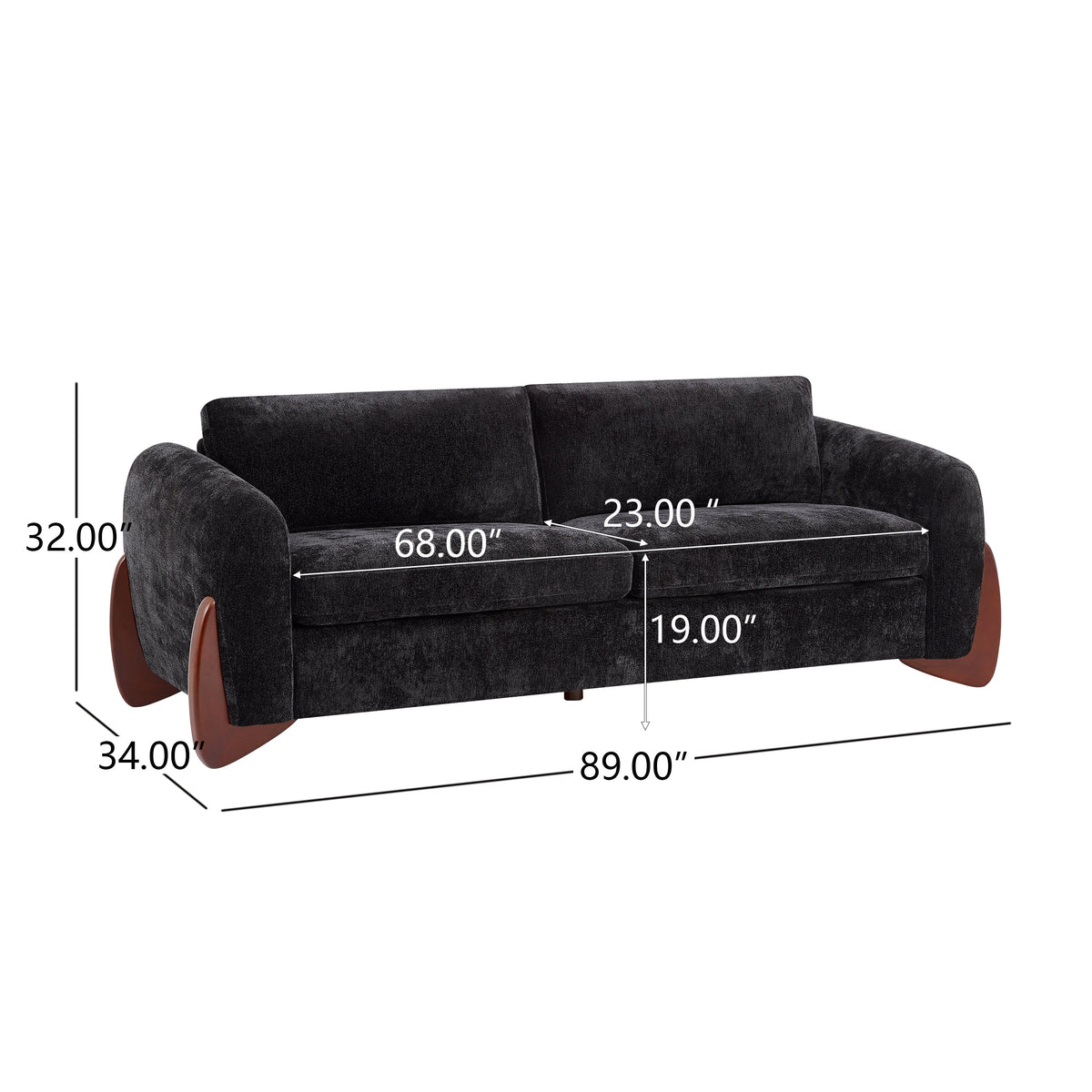 89" Chenille Sofa with Wooden Legs - Black