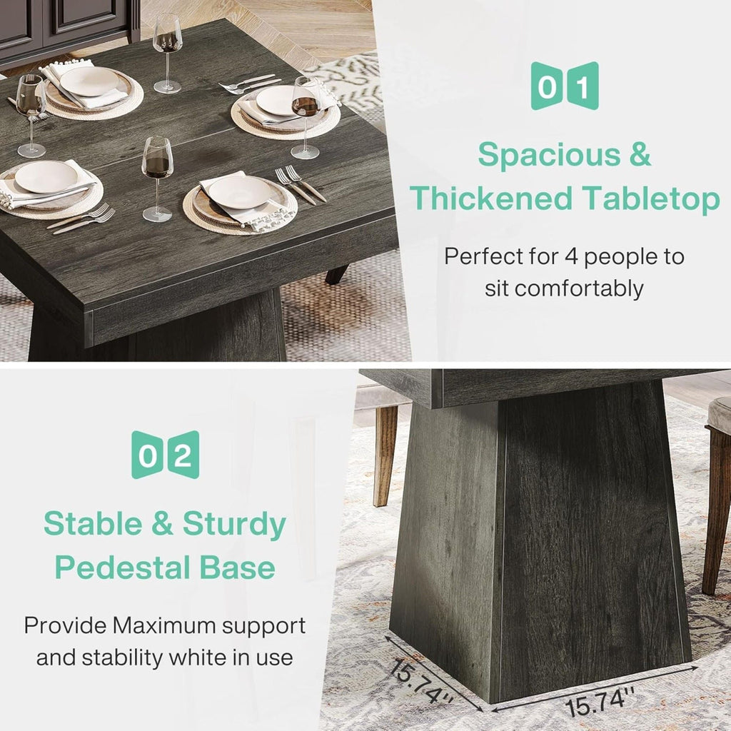 Square Dining Table for 4 with Thick Grain Top and Sturdy Pedestal Base - Gray