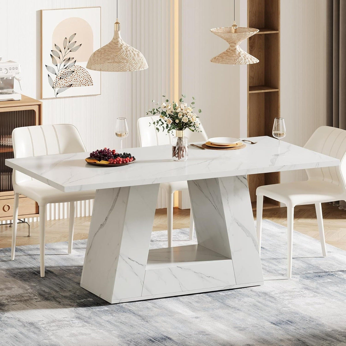 White Dining Table for 4–6 with Trapezoid Base - Faux Marble Finish