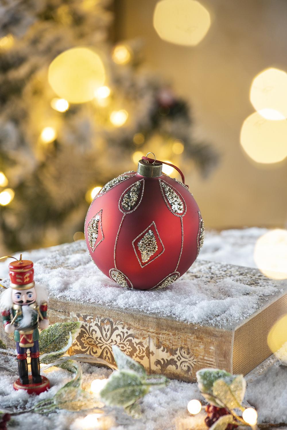 Red Glass Christmas Ball Ornaments with Glitter Detail - Red